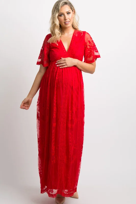 PinkBlush Red Lace Mesh Overlay Maternity Maxi Dress