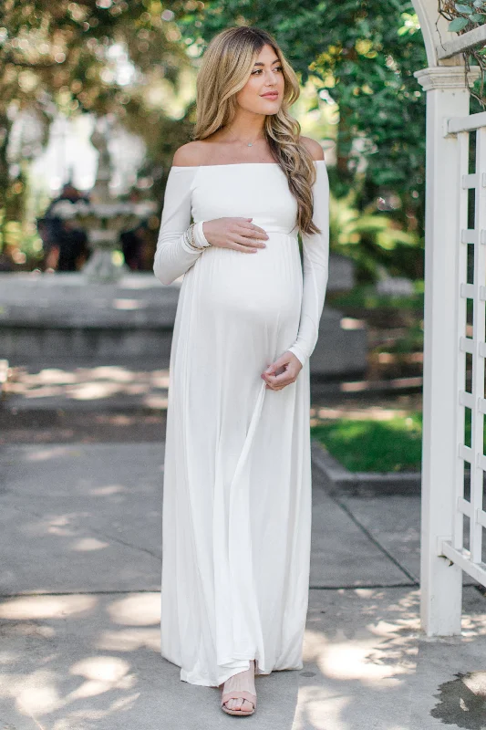 PinkBlush Tall Ivory Solid Off Shoulder Maternity Maxi Dress