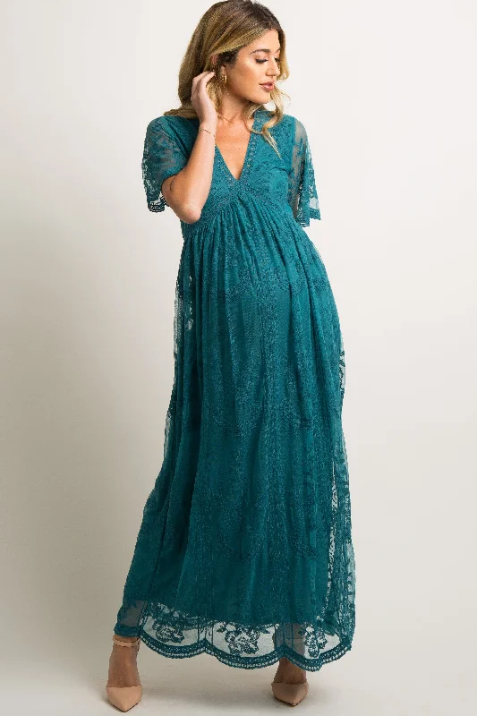 PinkBlush Teal Lace Mesh Overlay Maternity Maxi Dress