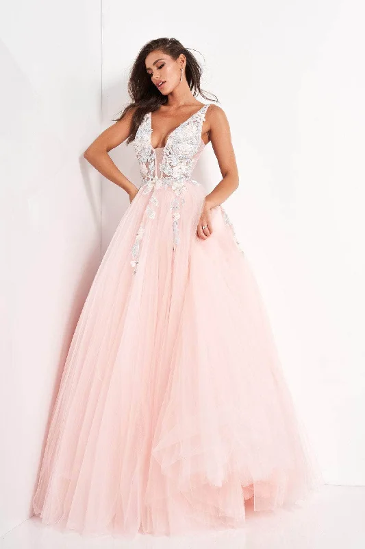 Jovani - 11092 Floral Embroidered Plunging V-Neck Ballgown