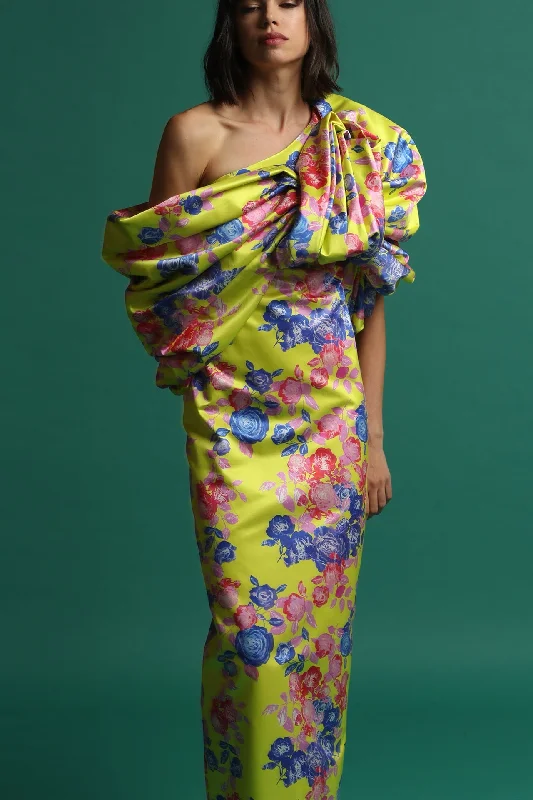 Asymmetric neckline floral print gown