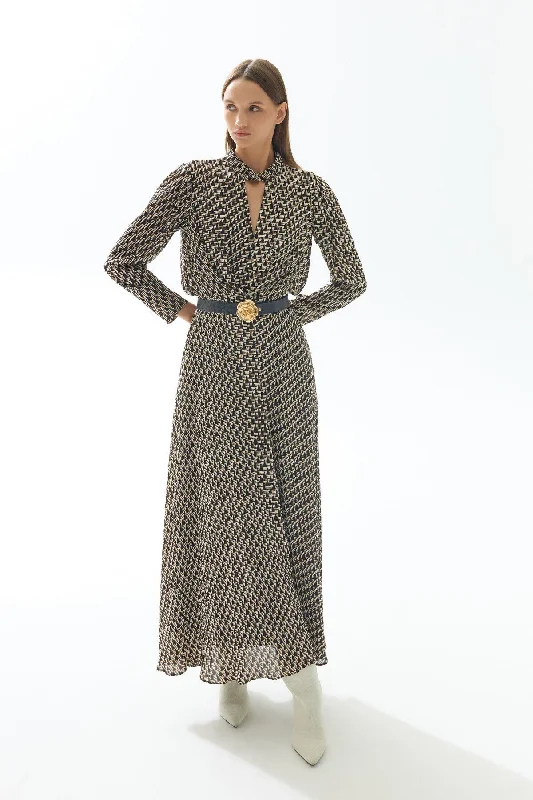 Black Beige Geometric Patterned Long Dress