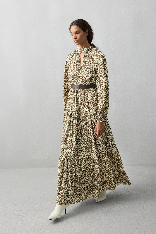 Brown Floral Patterned Long Dress with Flounce