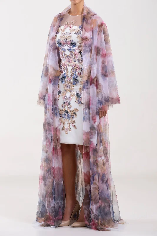 Chromatic beaded dress with printed jacket