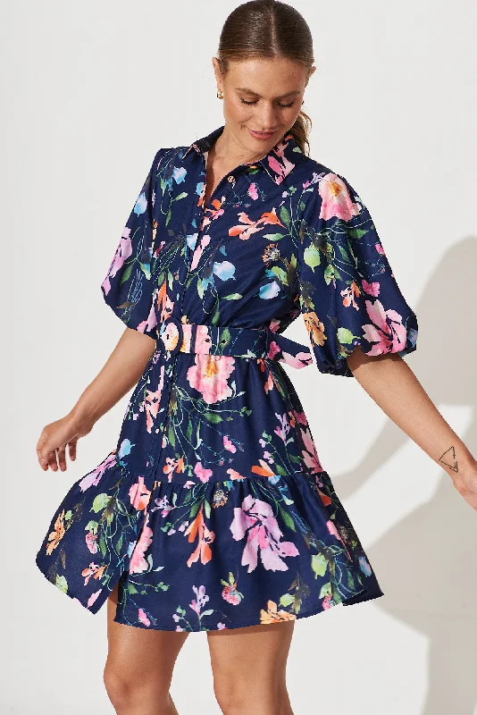 Courtney Shirt Dress In Navy with Multi Floral Print