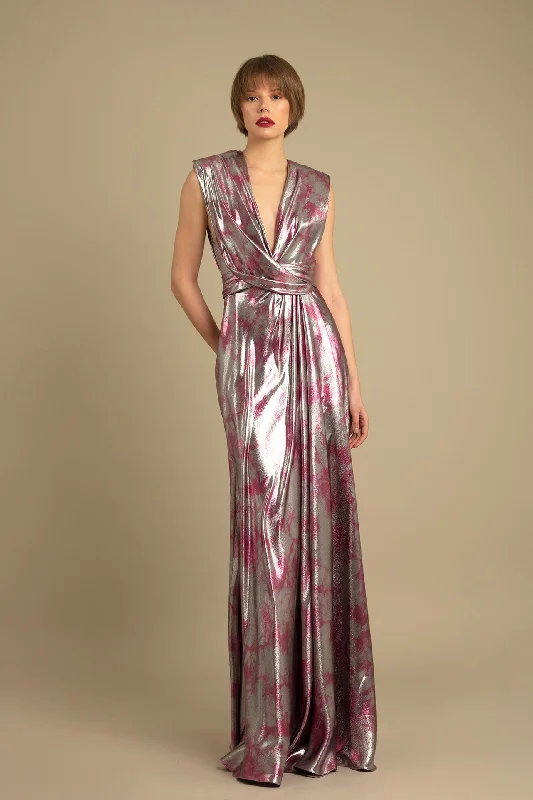 Draped bodice printed fabric column dress