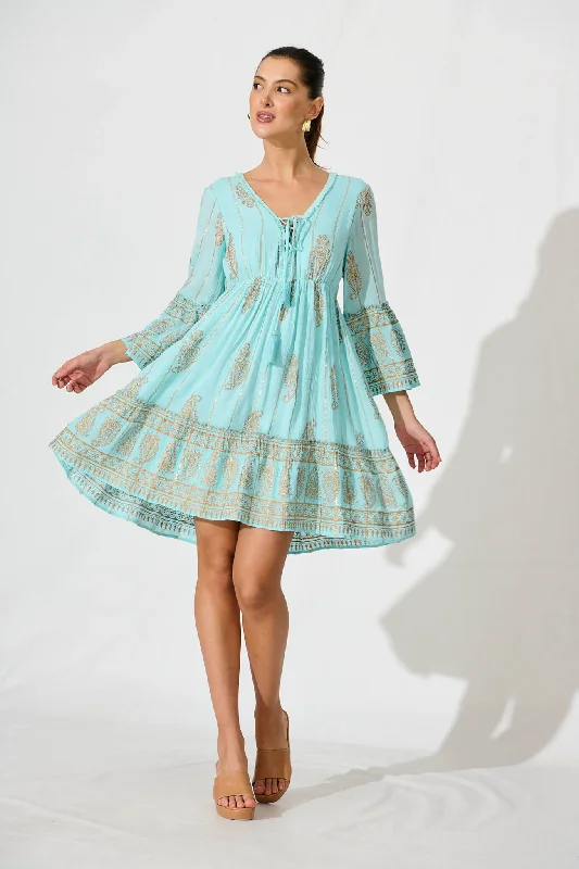 Elliott Dress In Light Blue With Gold Print