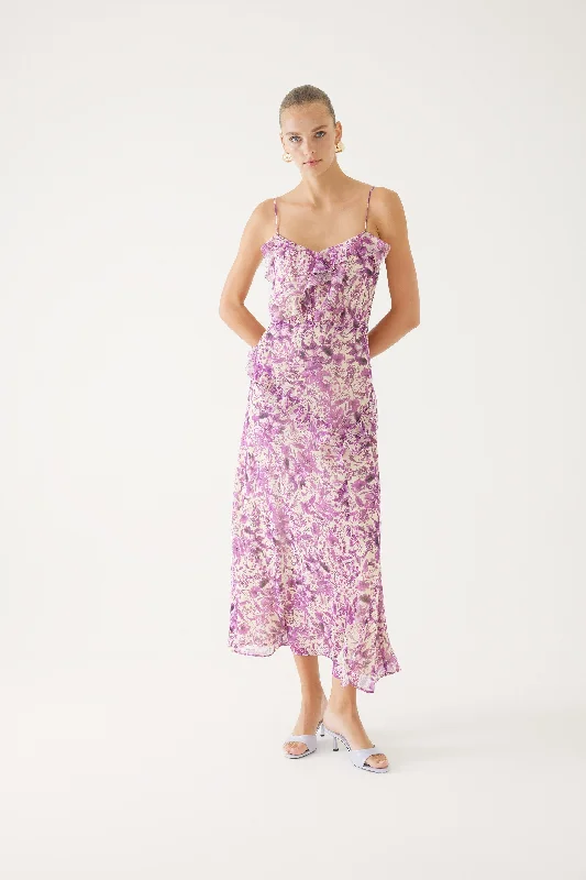 Floral Patterned & Ruffled Purple Long Dress Model