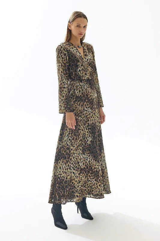 Gold Black Patterned V-Neck Long Dress