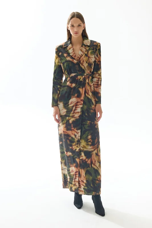 Green Beige Patterned Jacket Collar Long Dress