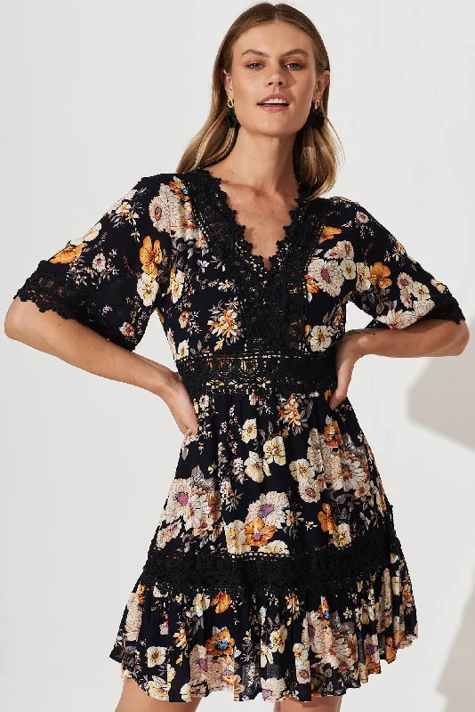 Macca Dress In Ink With Rust Floral