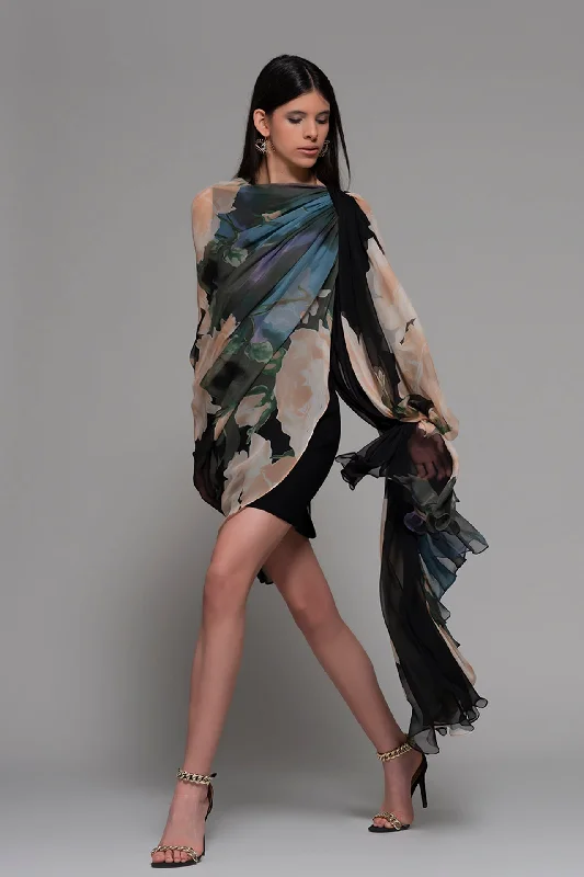 Sleeveless short dress with printed satin scarf