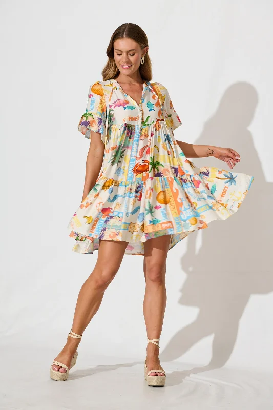 Tahnee Smock Dress In Cream With Multi Summer Print