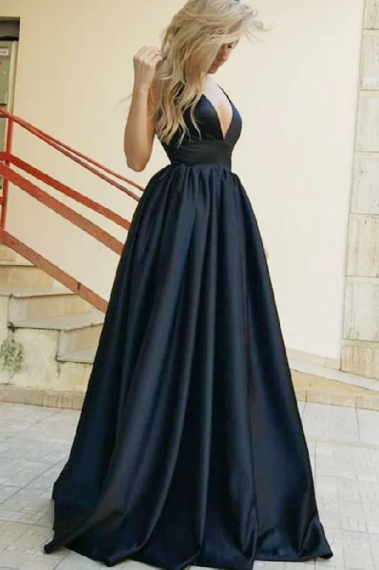 A-line Deep V-neck Wide Strap Backless Floor Length Matte Satin Evening Dress