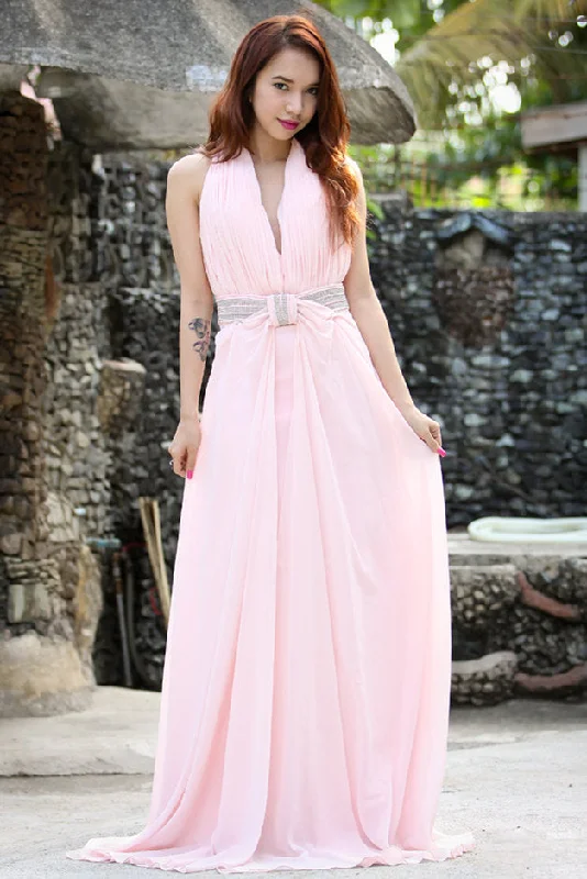 A-line Halter Floor Length Chiffon Beading Backless Prom Dress