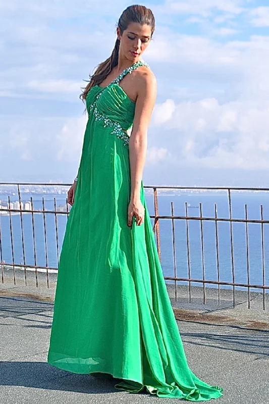 A-line One-shoulder Floor Length Chiffon Applique Backless Evening Dress