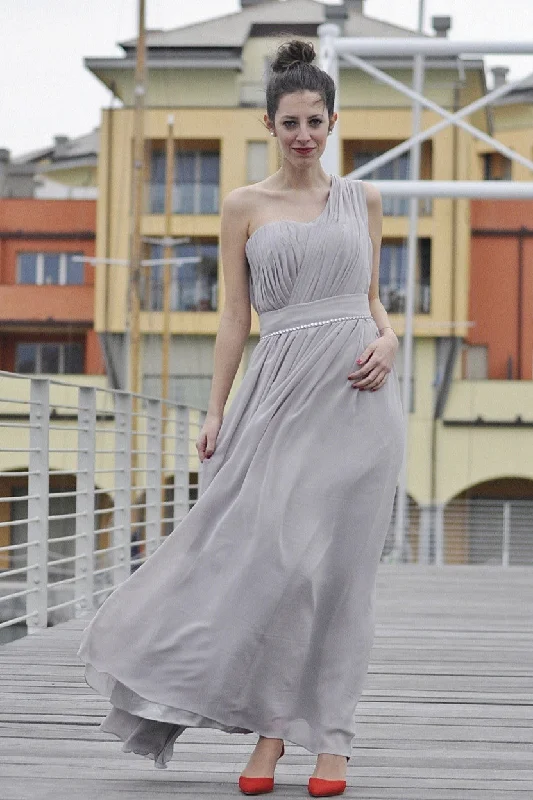 A-line One-shoulder Floor Length Chiffon Evening Dress