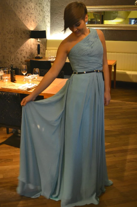 A-line One Shoulder Floor Length Sleeveless Chiffon Evening Dress