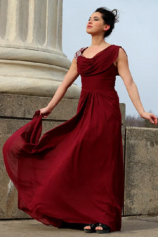 A-line Round Collar Floor Length Chiffon Beading Prom Dress