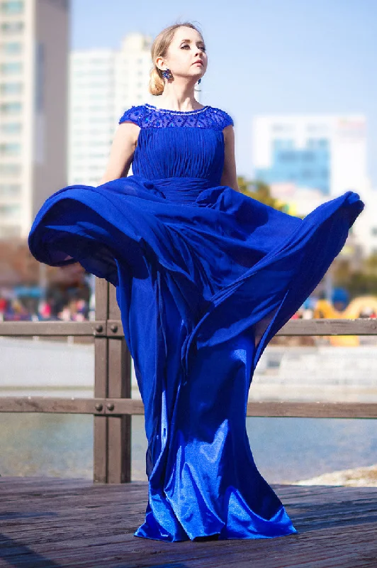 A-line Round Collar Floor Length Chiffon Rhinestone Evening Dress