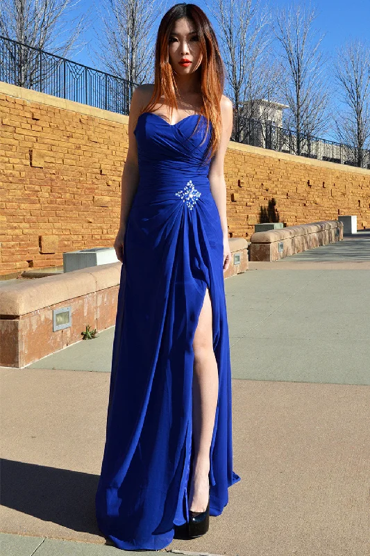 A-line Sweetheart Floor Length Chiffon Front Slit Rhinestone Prom Dress