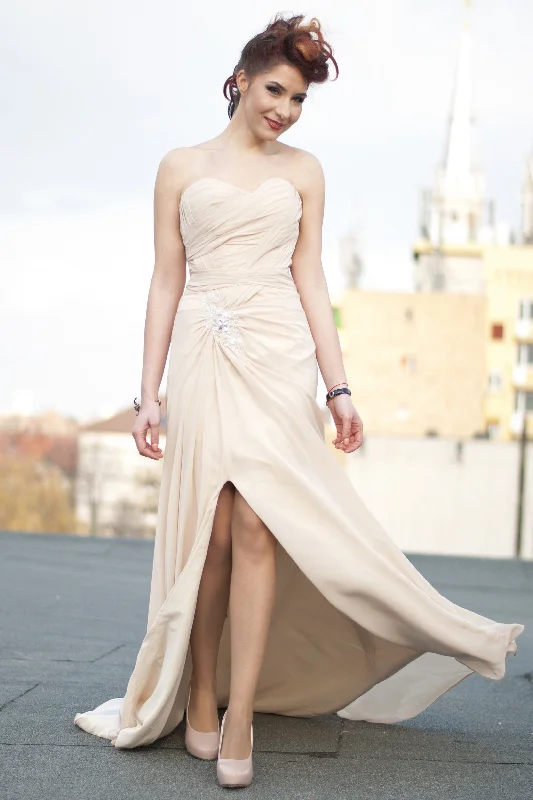 A-line Sweetheart Front Slit Floor Length Chiffon Applique Evening Dress