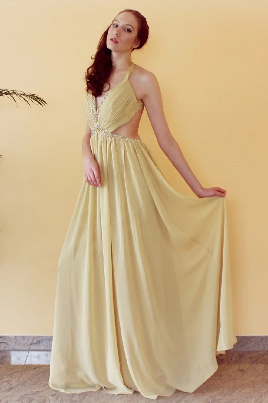 A-line V-neck Halter Floor Length Chiffon Rhinestone Backless Prom Dress