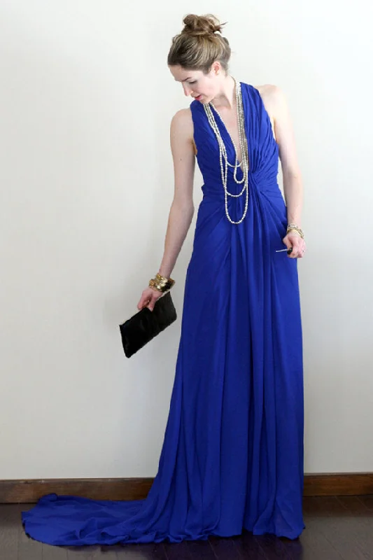 A-line V-neck Halter Floor Length Crossed Back Chiffon Evening Dress