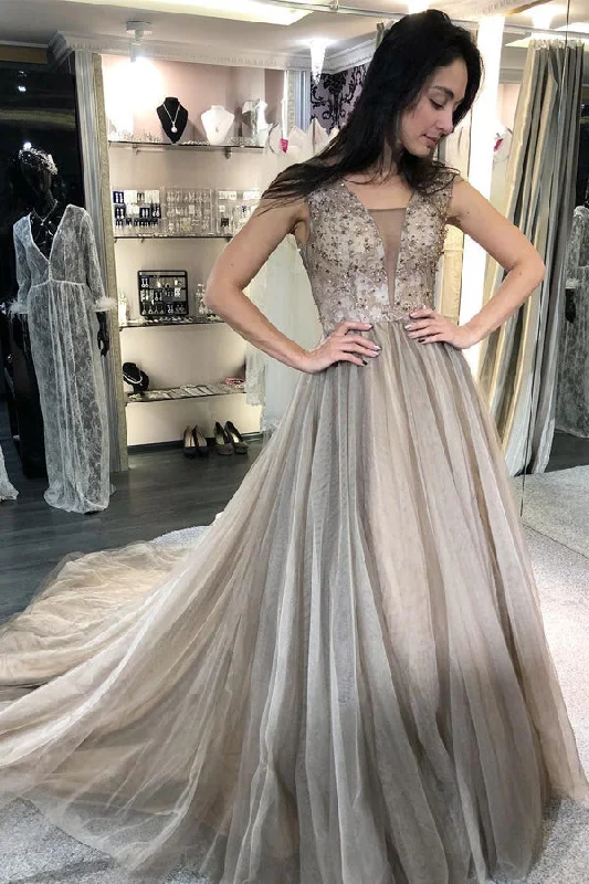 A-Line V-Neck Sweep Train Light Grey Prom Dress with Beading JKR323