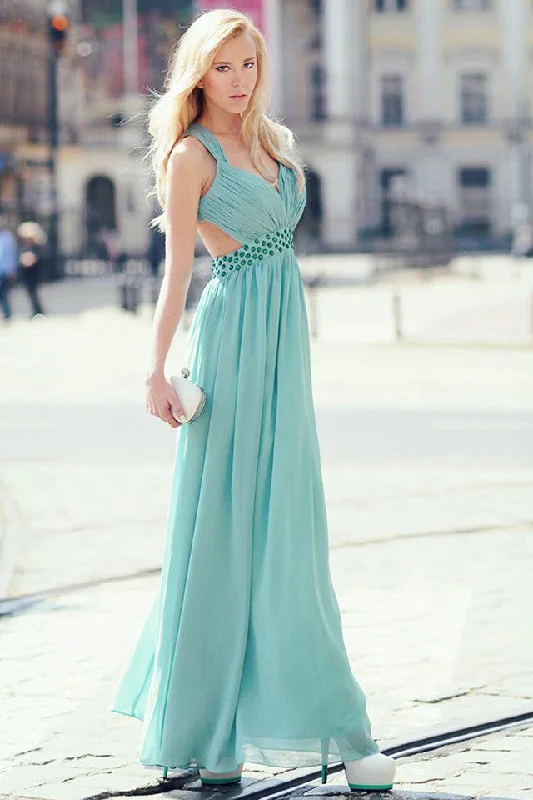 A-line V-neck Wide Straps Sleeveless Floor Length Backless Chiffon Evening Dress