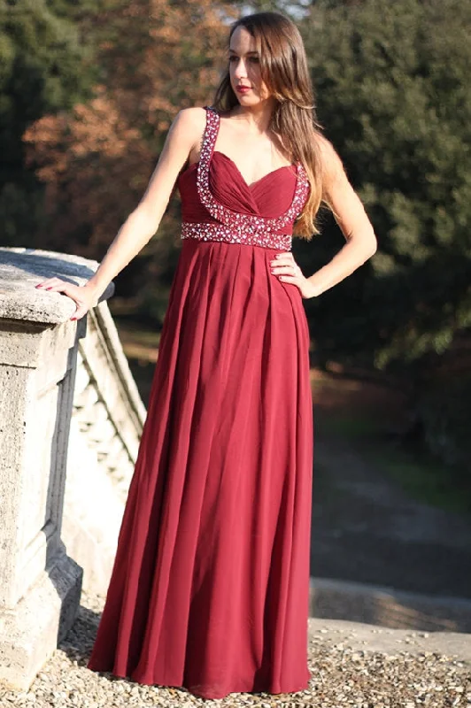 A-line Wide Strap V-neck Floor Length Chiffon Rhinestone Prom Dress