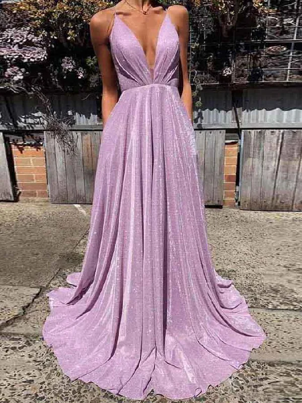 Backless Prom Dresses Spaghetti Straps Aline Sparkly Lilac Prom Dress Fashion Evening Dress JKL1639