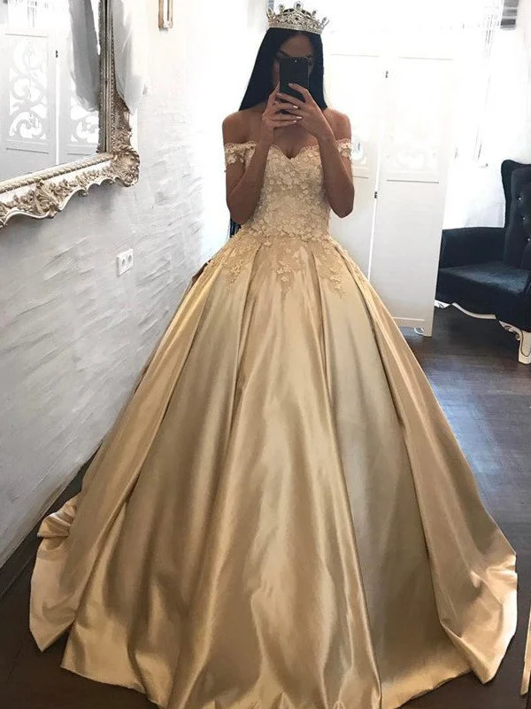 Ball Gown Prom Dresses Off-the-shoulder Appliques Satin Prom Dress/Evening Dress JKL269