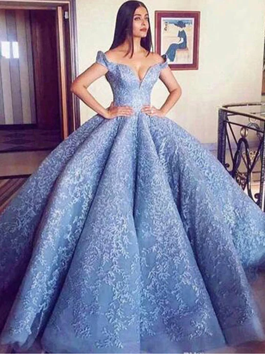 Ball Gown Prom Dresses Off-the-shoulder Fashion Sky Blue Big Prom Dress Luxury Evening Dress JKL1484