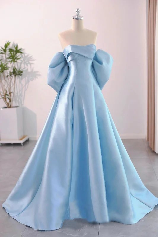 Blue Satin Floor Length Prom Dress with Bow