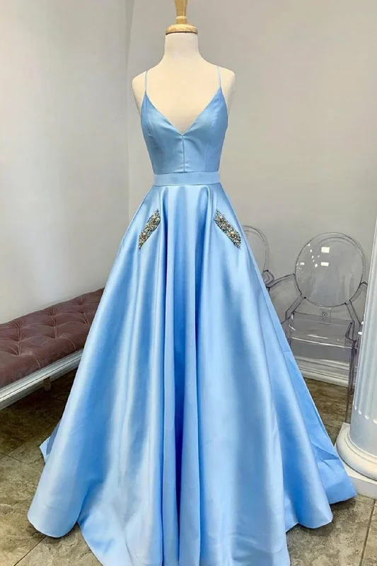 Blue Spaghetti Strap V-Neck Satin Floor Length Prom Dress