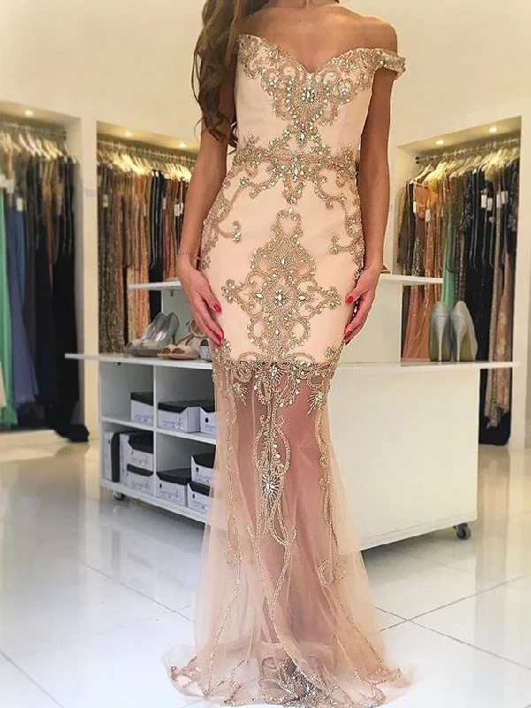 Champagne Prom Dresses Off-the-shoulder Sexy Prom Dress/Evening Dress JKS083