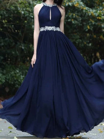 Cheap Prom Dresses Halter Floor Length Appliques Dark Navy Chiffon Sexy Prom Dress JKL561