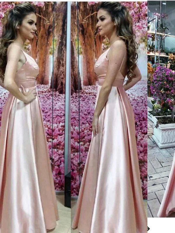 Cheap Prom Dresses V-neck Floor-length Satin Pearl Pink Prom Dress/Evening Dress JKS140