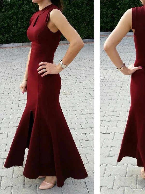 Chic Burgundy Prom Dresses Scoop Sheath/Column Ankle-length Prom Dress/Evening Dress JKS130