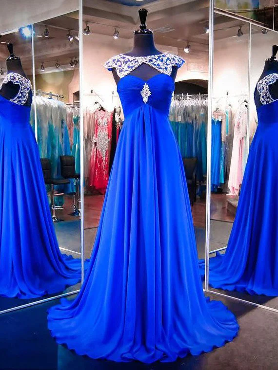 Chic Prom Dresses Bateau Sweep/Brush Train Chiffon Royal Blue Prom Dress/Evening Dress JKL291