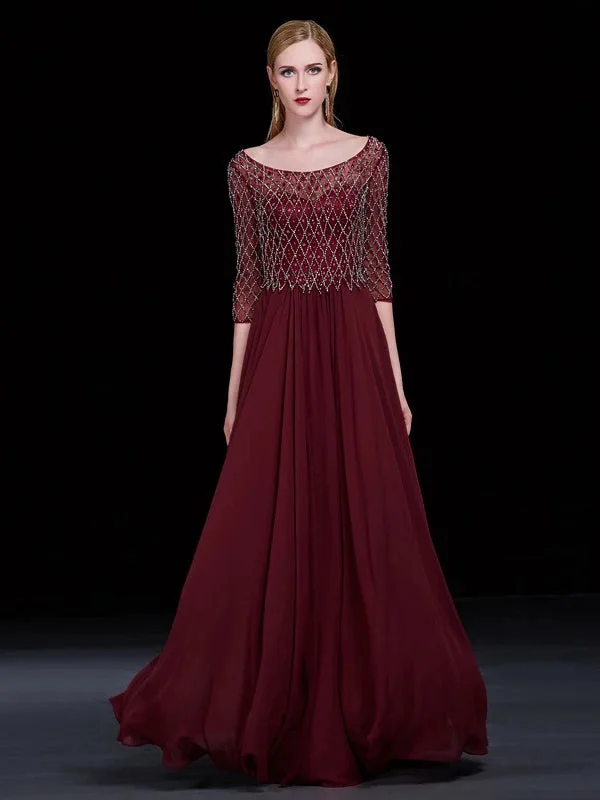 Chic Regency Prom Dresses Scoop A-line Floor-length Burgundy Prom Dress/Evening Dress JKL147