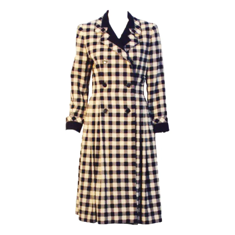 GIVENCHY 1980s  Navy and Cream Plaid Wool Fitted Flared Coat Dress