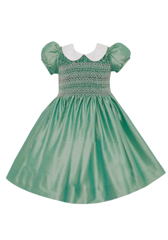 Green Silk Dress w/White Collar