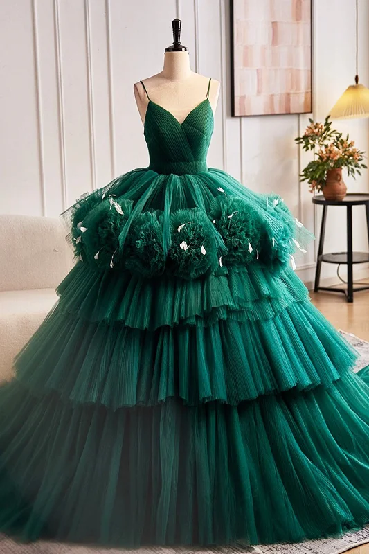 Green Spaghetti Strap V-Neck Ball Gown Dress, A-Line Backless Evening Formal Dress