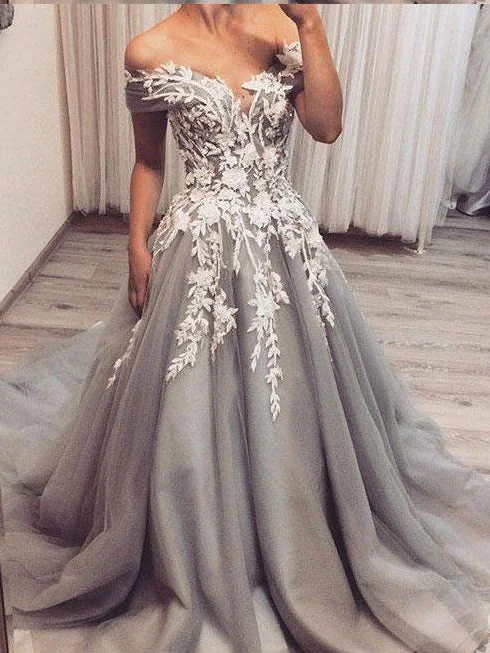 Grey Prom Dresses Off-the-shoulder Aline Appliques Fashion Prom Dress Chic Evening Dress JKL1514