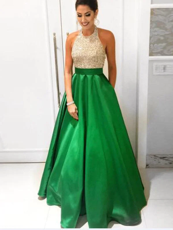 hunter prom dresses A-line Halter Floor-length Satin Prom Dress Evening Dress MK282