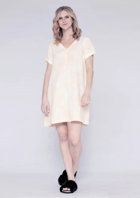 Mixed V Linen Trapeze T Dress W/ Soft Cloud Dye Process