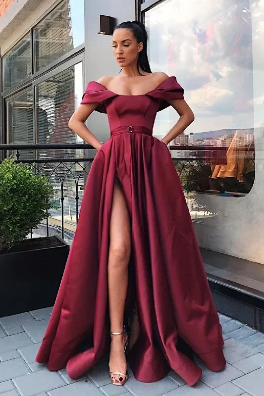 Off the Shoulder Burgundy Side Slit Prom Dress with Ribbon GJS726