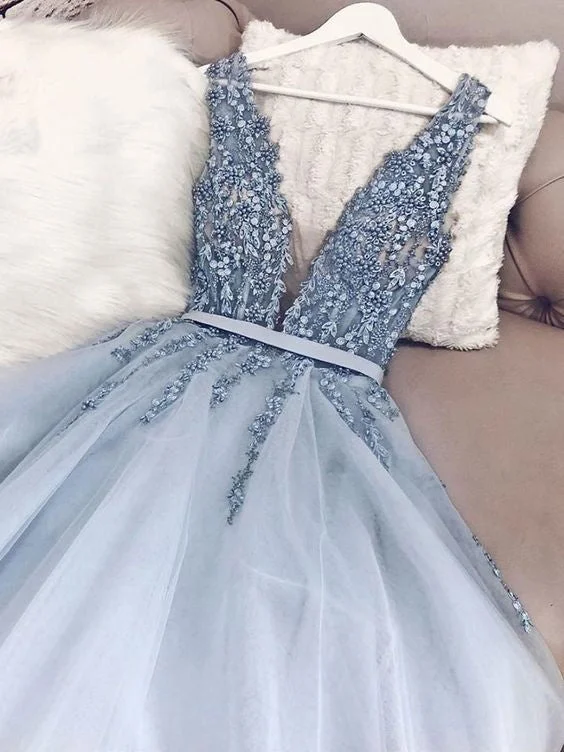 Open Back Prom Dresses V Neck Dusty Blue Beaded Prom Dress Sparkly Evening Dress JKL1657